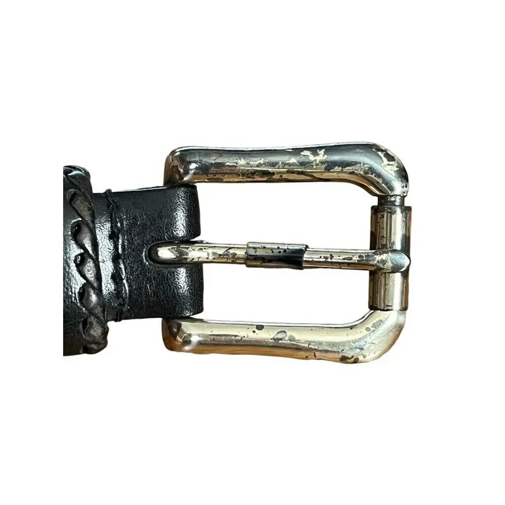 Talbots Womens Black Woven Leather Adjustable Belt Solid Brass Buckle XL 36-41